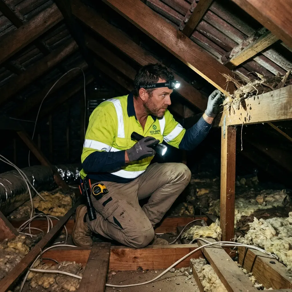 Technician inspecting a roof cavity for a dead animal in Macclesfield