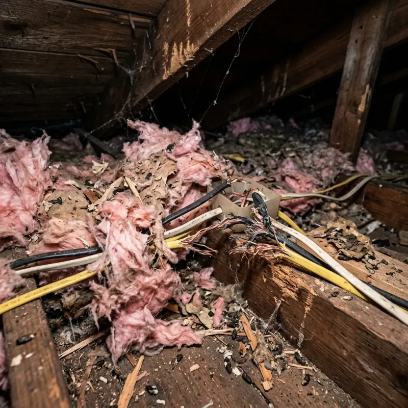 Contaminated ceiling insulation being assessed in a Macclesfield roof space