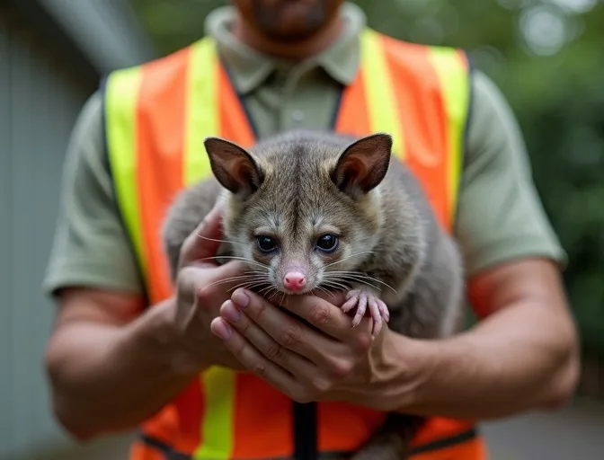 Animal handler safely recovering a deceased possum in Macclesfield