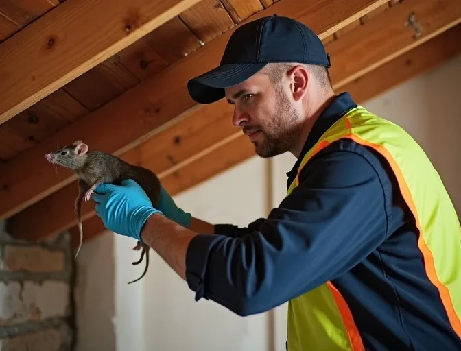 Technician inspecting a roof cavity for a dead rat in Macclesfield